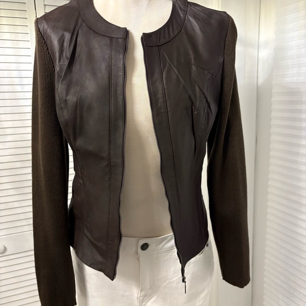 Jaclyn Smith Dark Brown Leather Jacket with Knit Sleeves